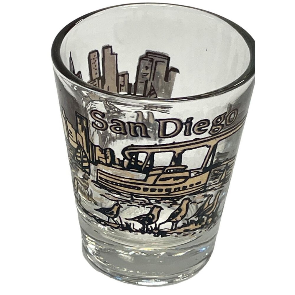 Vintage‎ Shot Glass San Diego City Skyline Water Sailboats Birds